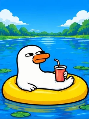 QUACKOS floating on a yellow ring with a drink