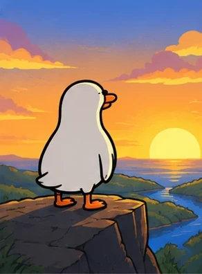 QUACKOS watching the sunset from a cliff